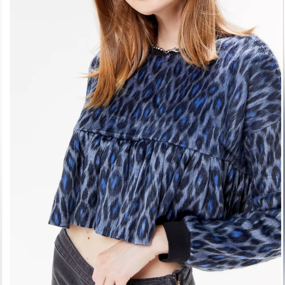 Urban Outfitters Faux Fur Ostrich Print Cropped Peplum Top Long Sleeve Statement